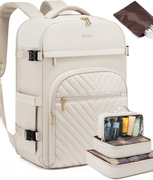 Large Travel Backpack for Women, TSA Carry on Backpack for Airplanes, 40L Personal Item Travel Bag fits 17" Laptop, Waterproof Carry on Bag Flight Approved with 4 Packing Cubes, Beige