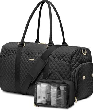 Women Weekender Travel Duffle Bag: Travel Duffel Overnight Bags with Shoe Compartment Large Carry on Tote with Toiletry Bag Weekend Traveling Yoga Gym Hospital Bag for Women with Wet Pocket Black